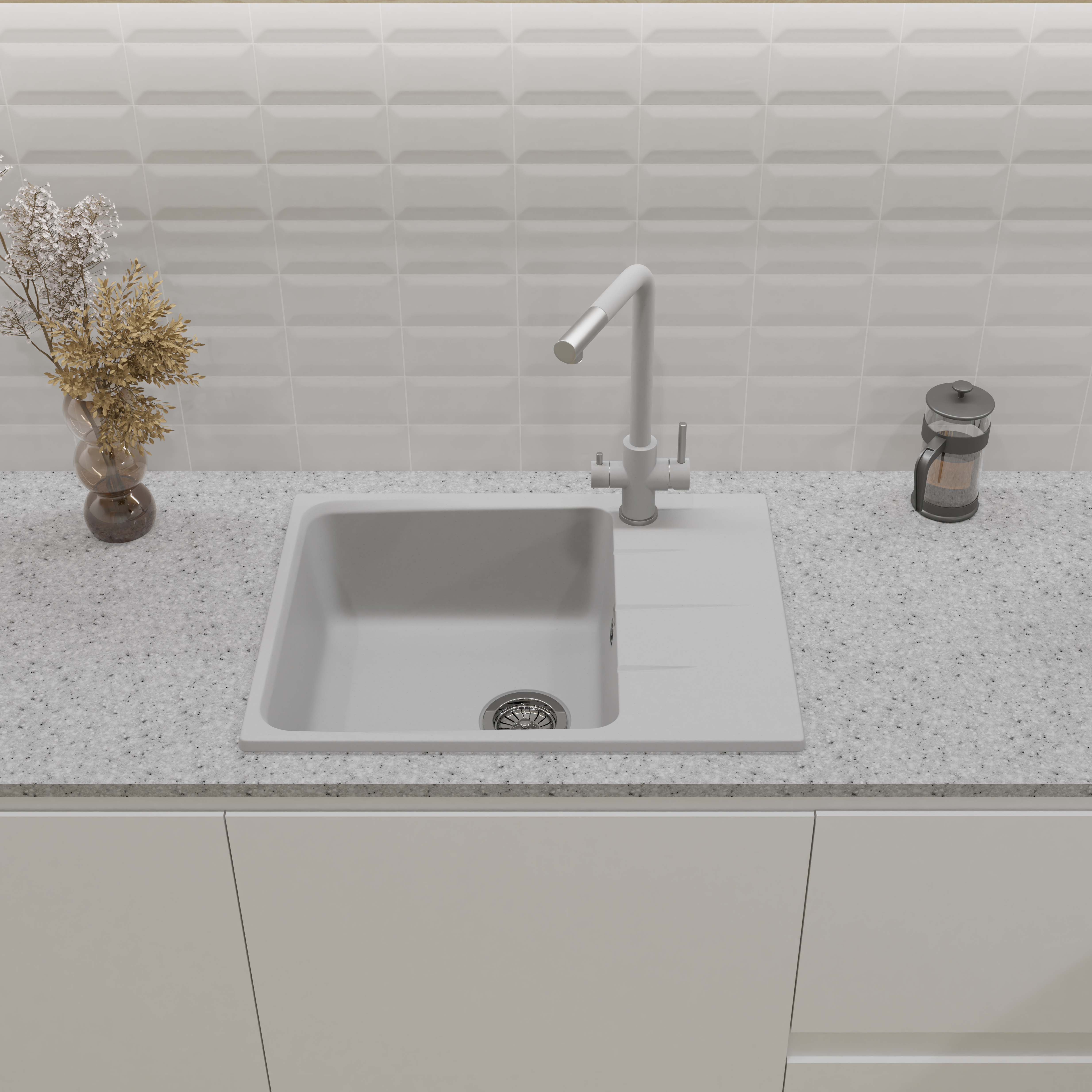 Изображение товара Мойка для кухни врезная с крылом Delinia LM1 57x50 см глубина чаши 20 см кварц цвет белый