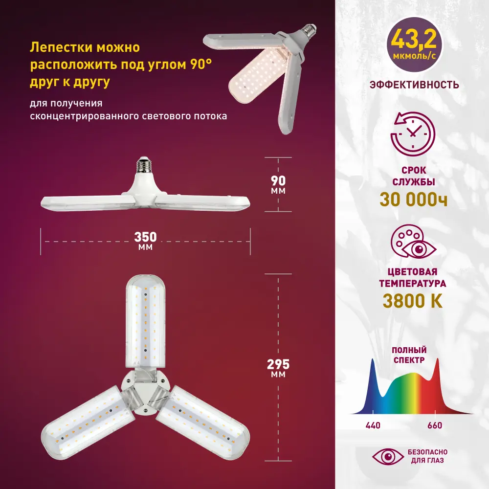 Фитолампа светодиодная для растений Эра fito E27 24 Вт 3 лепестка полноспектральный нейтральный белый свет - 2