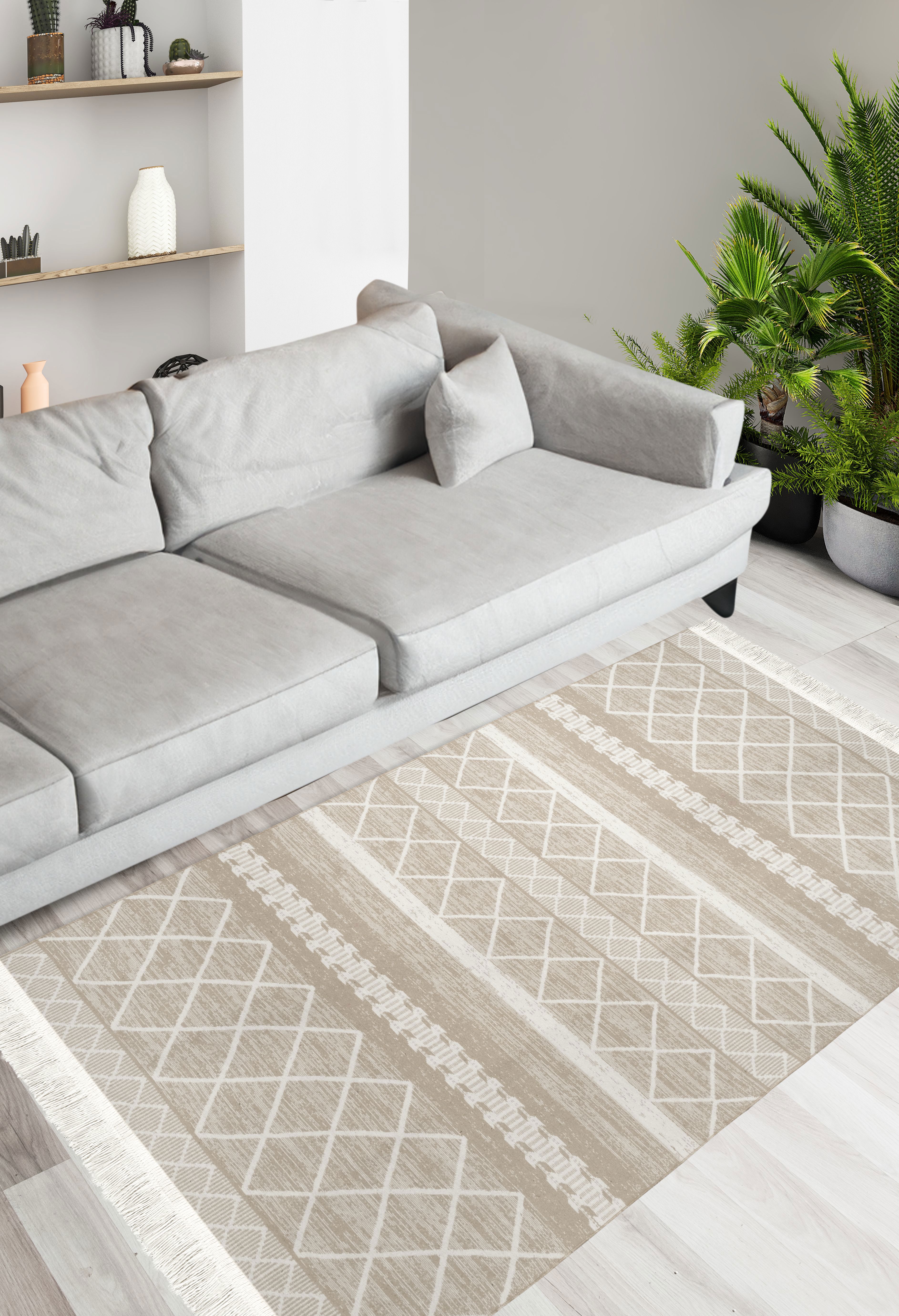 Изображение товара Декоративный хлопковый коврик Sacli Lira F1 120x180 см бежевый с геометрическим узором Изображение товара Декоративный хлопковый коврик Sacli Lira F1 120x180 см бежевый с геометрическим узором