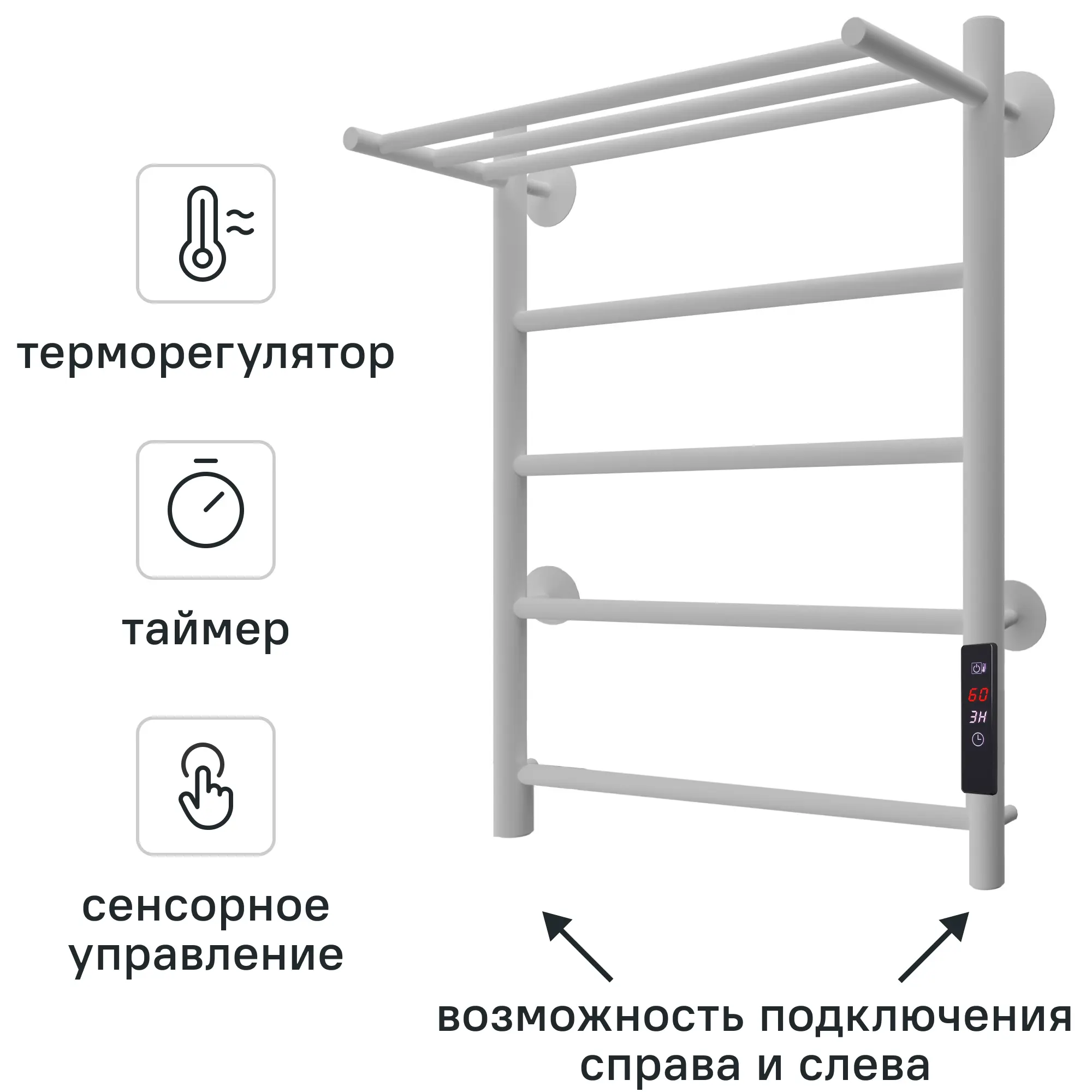 Полотенцесушитель электрический Equation 450x600 мм 130 Вт с терморегулятором и полкой лесенка цвет белый