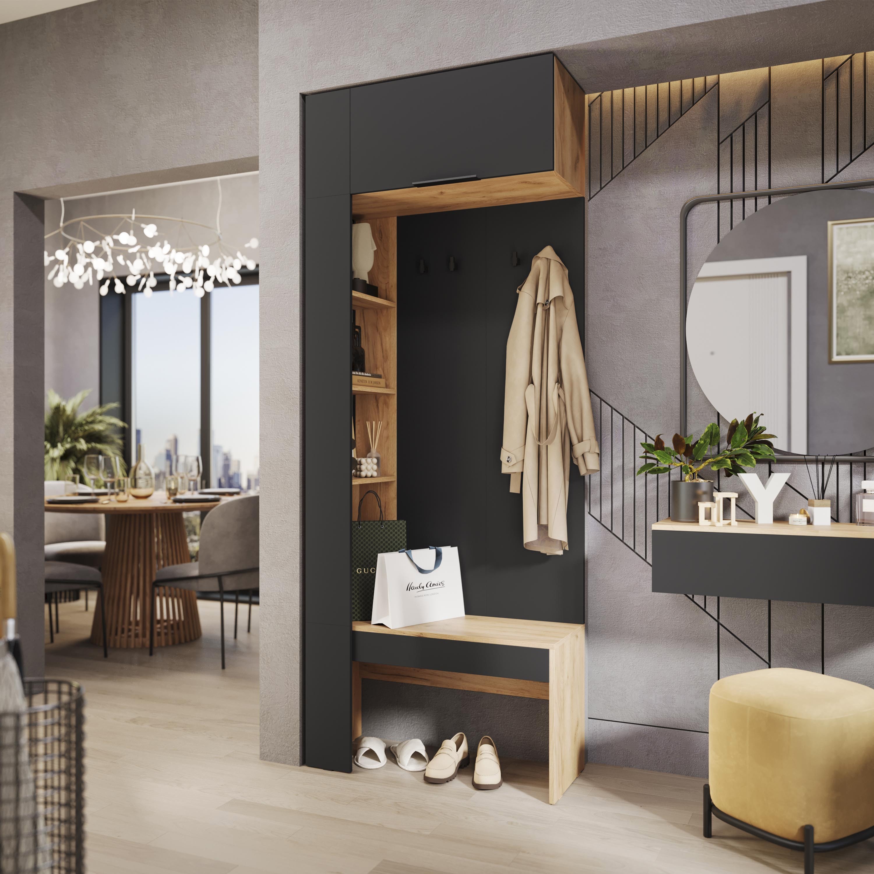 Изображение товара Комплект мебели для прихожей Трия Асти 84.40x220 см ЛДСП цвет дуб крафт золотой/антрацит