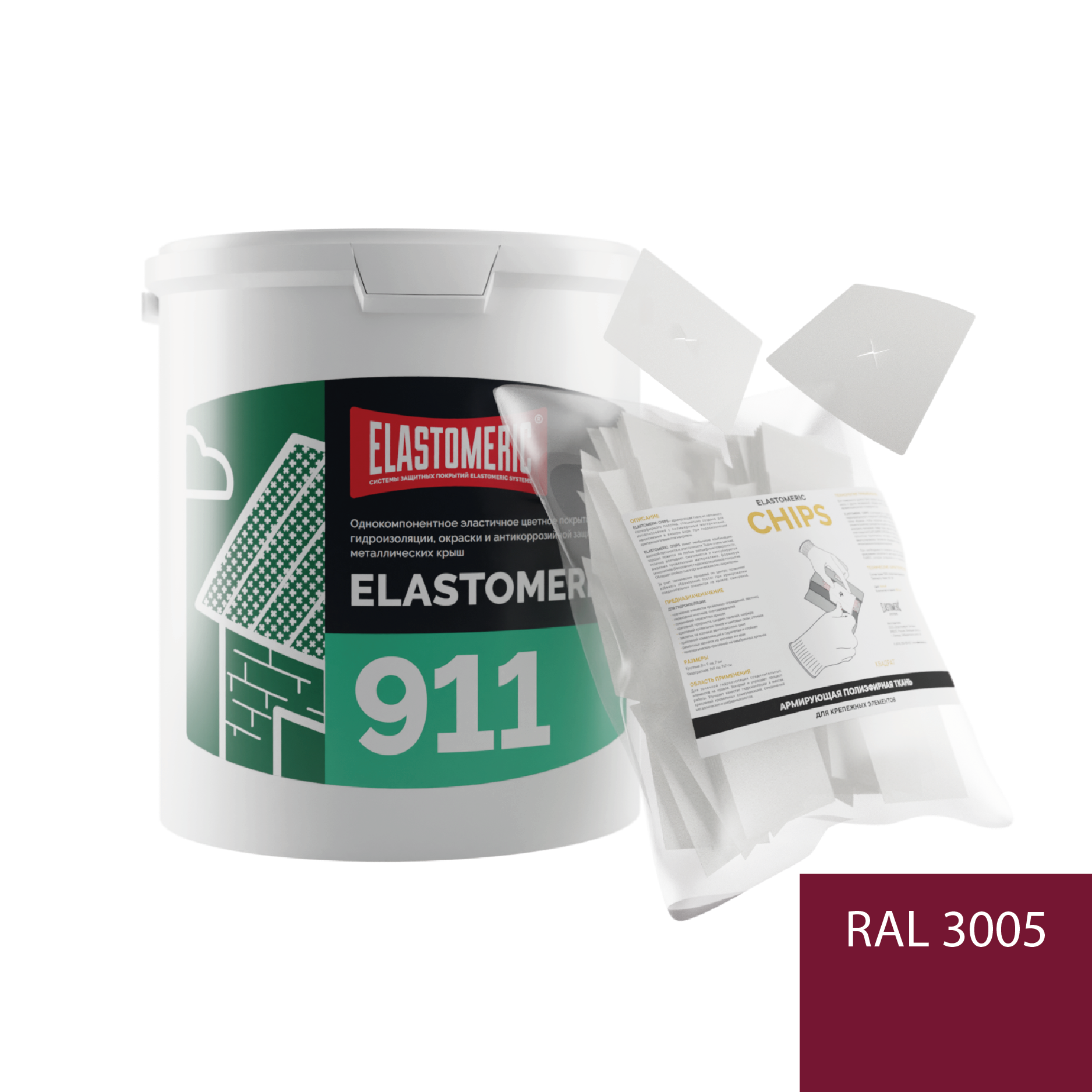 Изображение товара Мастика Elastomeric systems 911 3кг темно-красная RAL 3005 с заплаткой квадрат 7x7см 50шт