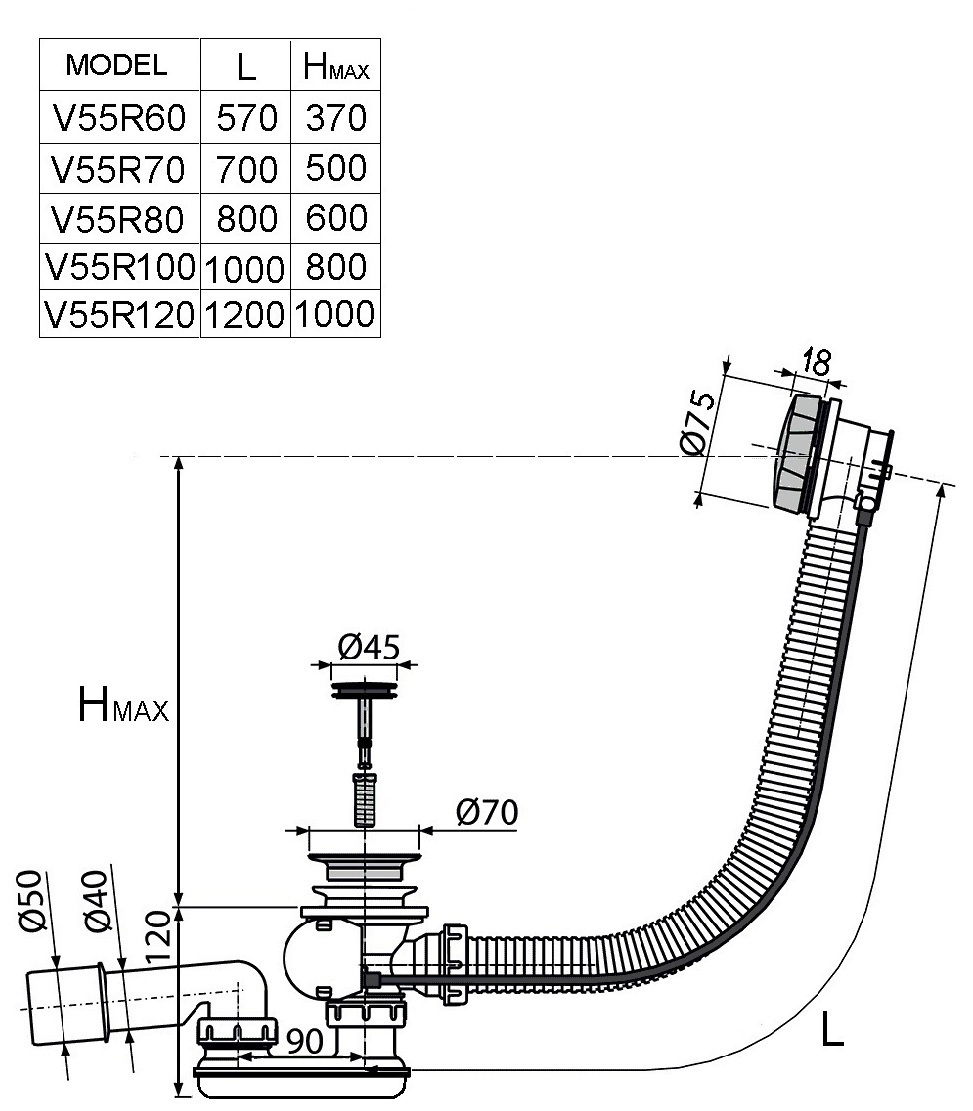 Изображение товара Слив-перелив VEGA V55R 700 мм D50 мм хром для ванны