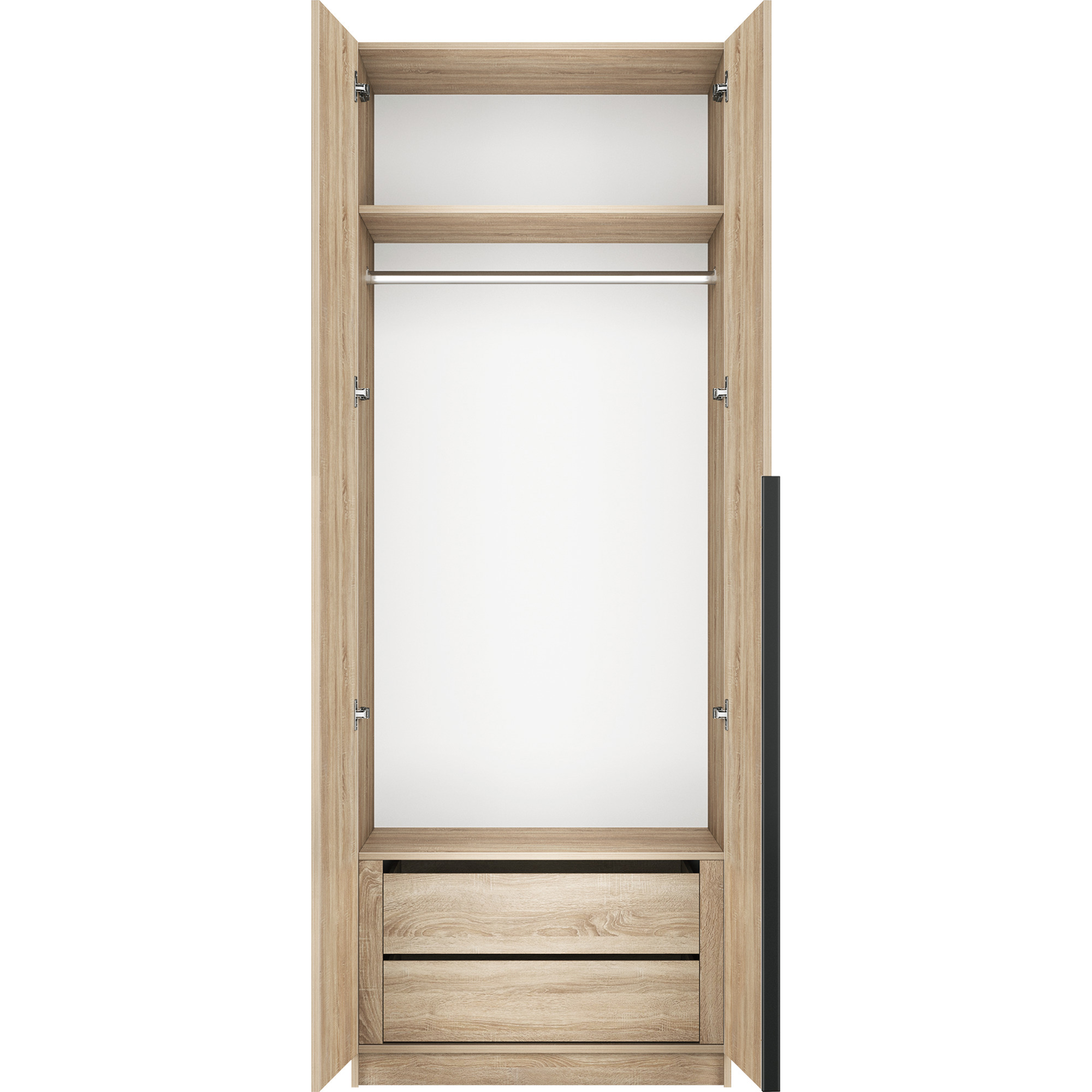 Изображение товара Распашной шкаф из ЛДСП с черными стеклянными фасадами и алюминиевыми ручками