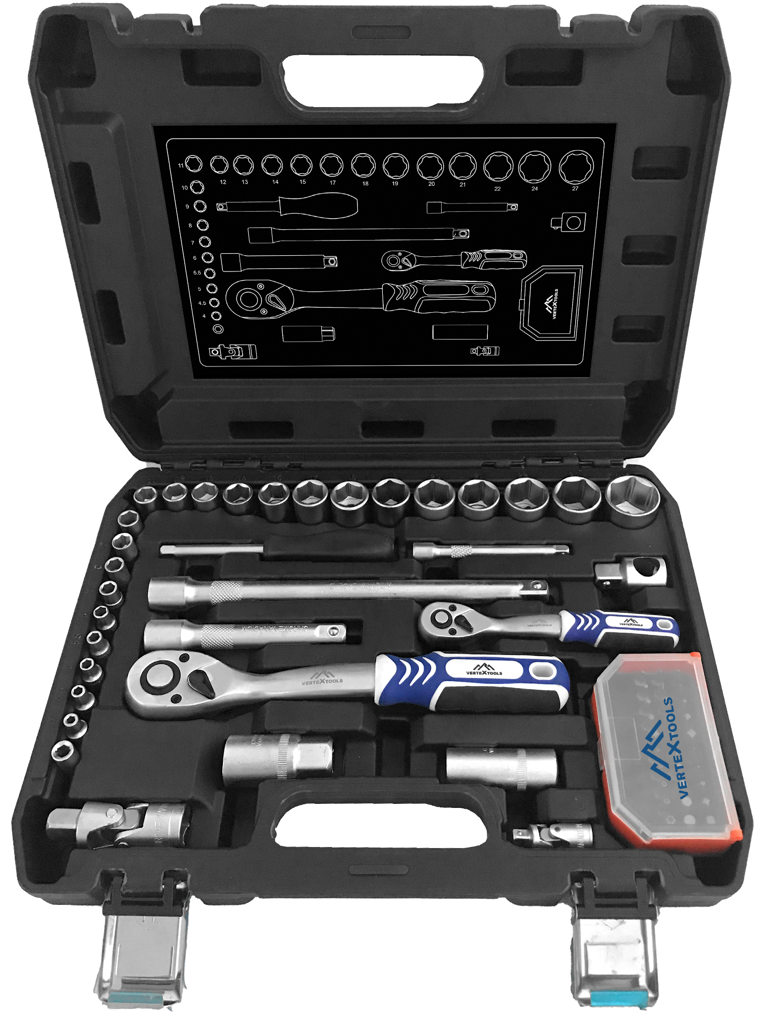 Изображение товара Набор торцевых головок Vertextools НБ-64 1/4-1/2 дюйма, 64 шт