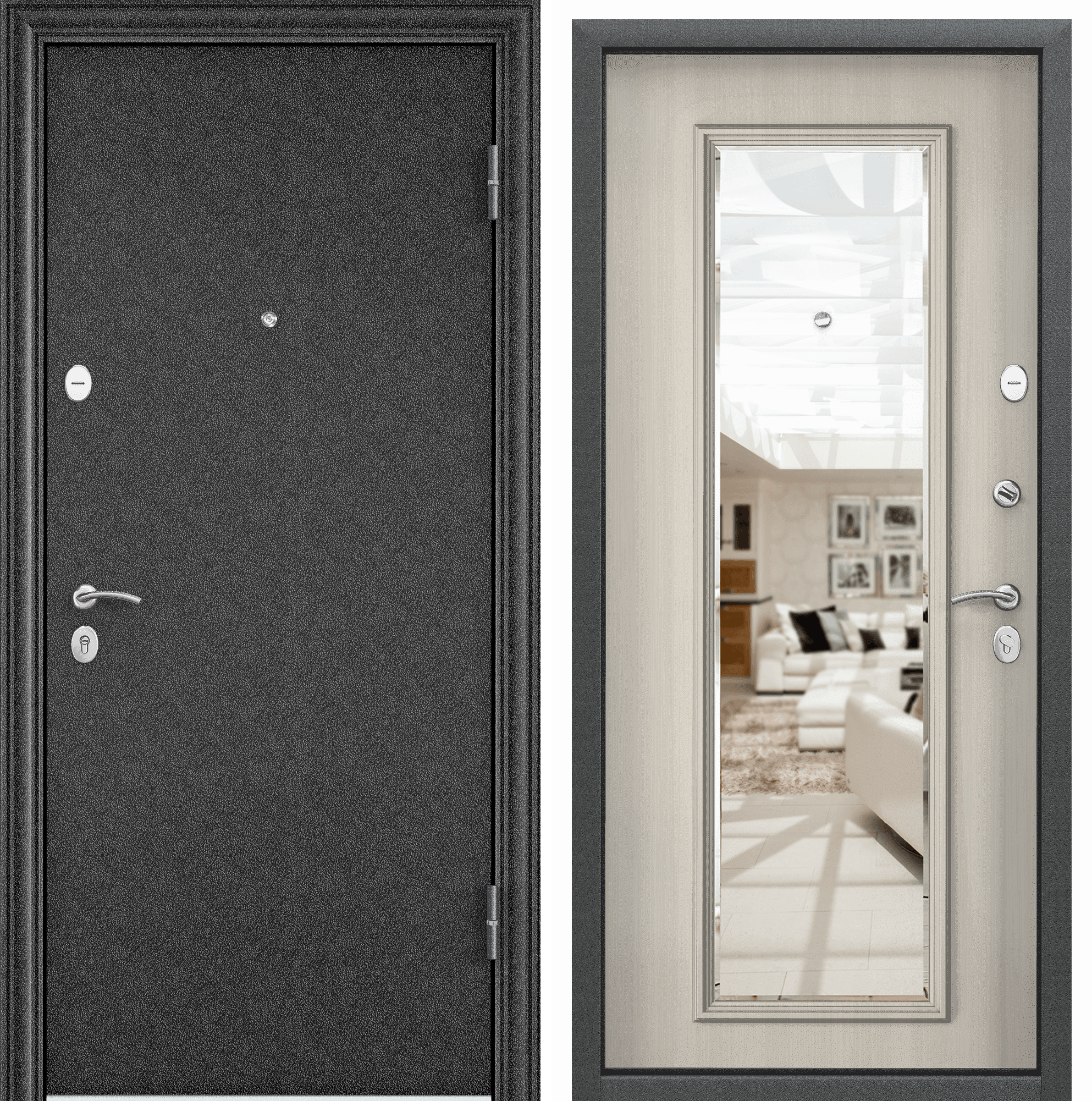 Изображение товара Входная дверь Torex Flat-L 205x95см правый цвет бежевый/черный шелк с зеркалом