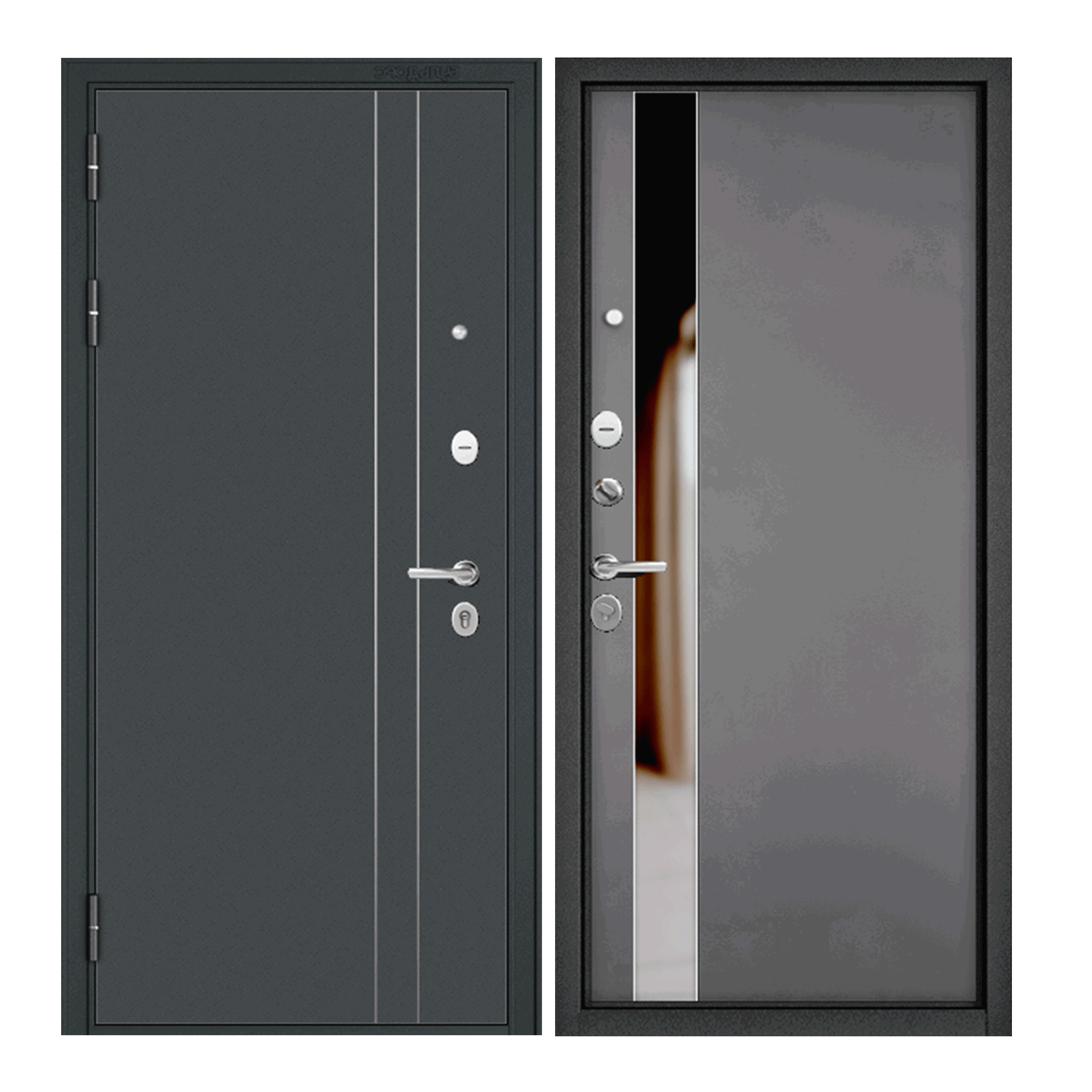 Изображение товара Входная дверь Mastino Loft 205x96см левый цвет бетон серый/черный муар металлик с зеркалом Изображение товара Входная дверь Mastino Loft 205x96см левый цвет бетон серый/черный муар металлик с зеркалом