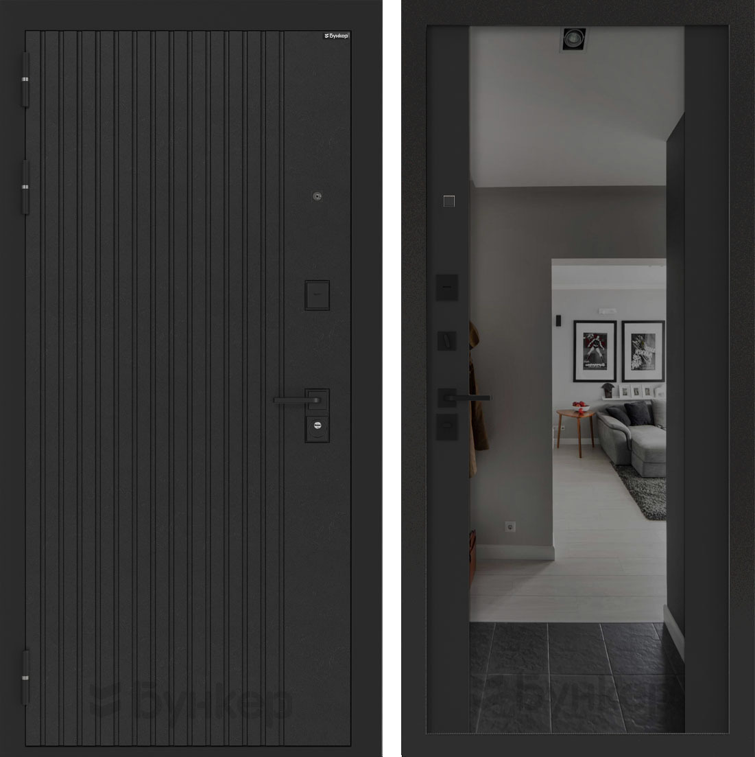 Изображение товара Входная дверь Бункер BN-06 205x88 см 黑 кварц с зеркалом ФЛЗ-1