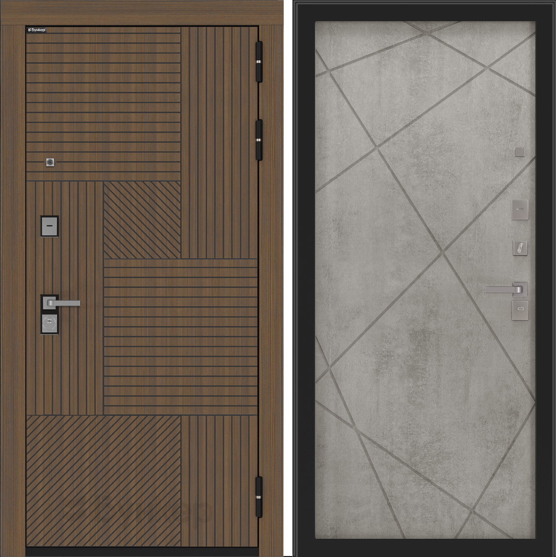 Изображение товара Входная дверь Бункер BN-07 Ларче правый 205x96см с панелью ФЛ-291 бетон серый (светлый)/ларче орех с черной патиной