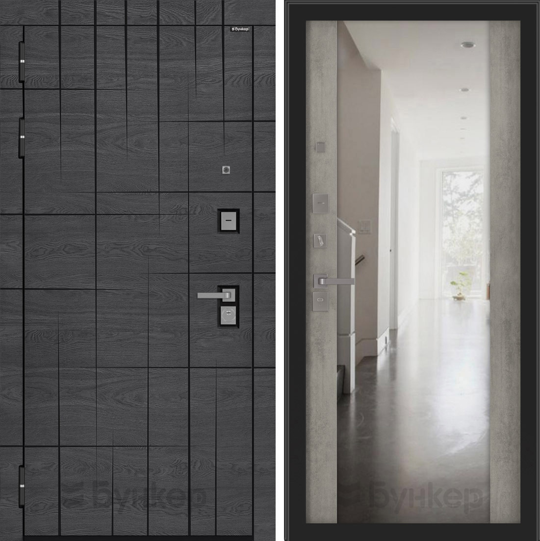 Изображение товара Входная дверь Бункер BN-09 205x88 см Дуб Майдера с черной патиной и зеркалом