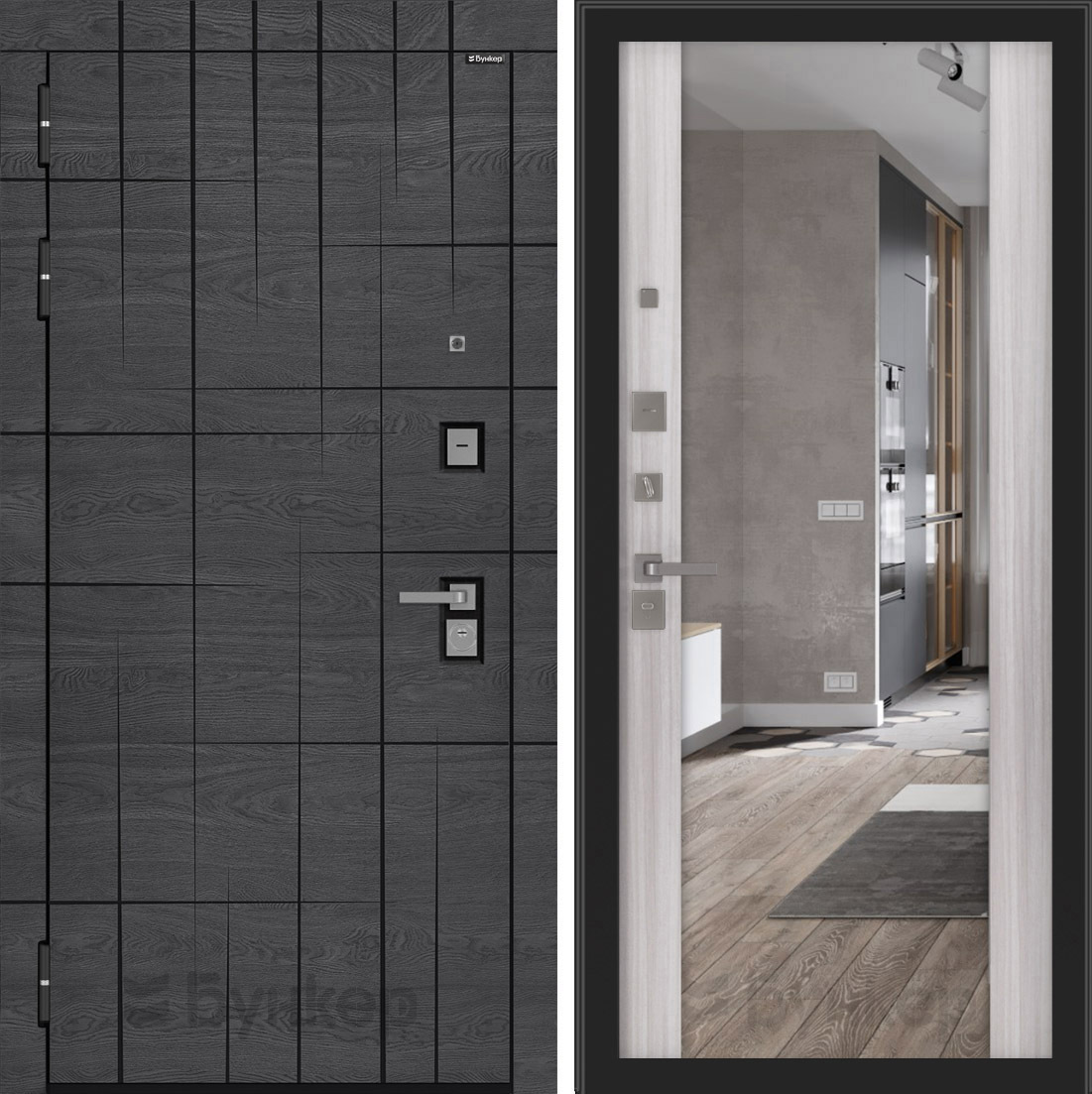 Изображение товара Входная дверь Бункер BN-09 205x88см левый цвет сандал белый/дуб мадейра с черной патиной с зеркалом ФЛЗ-1