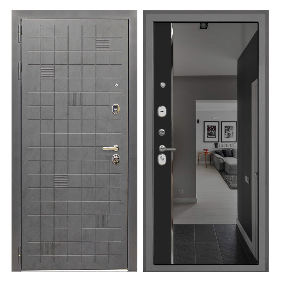 Изображение товара Входная дверь Бункер Фокстрот 205x88 см, левый, бетон графит/черный кварц, зеркало