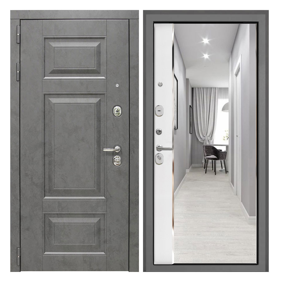 Изображение товара Входная дверь Бункер Престо 205x88см левый цвет белый софт/бетон графит с зеркалом