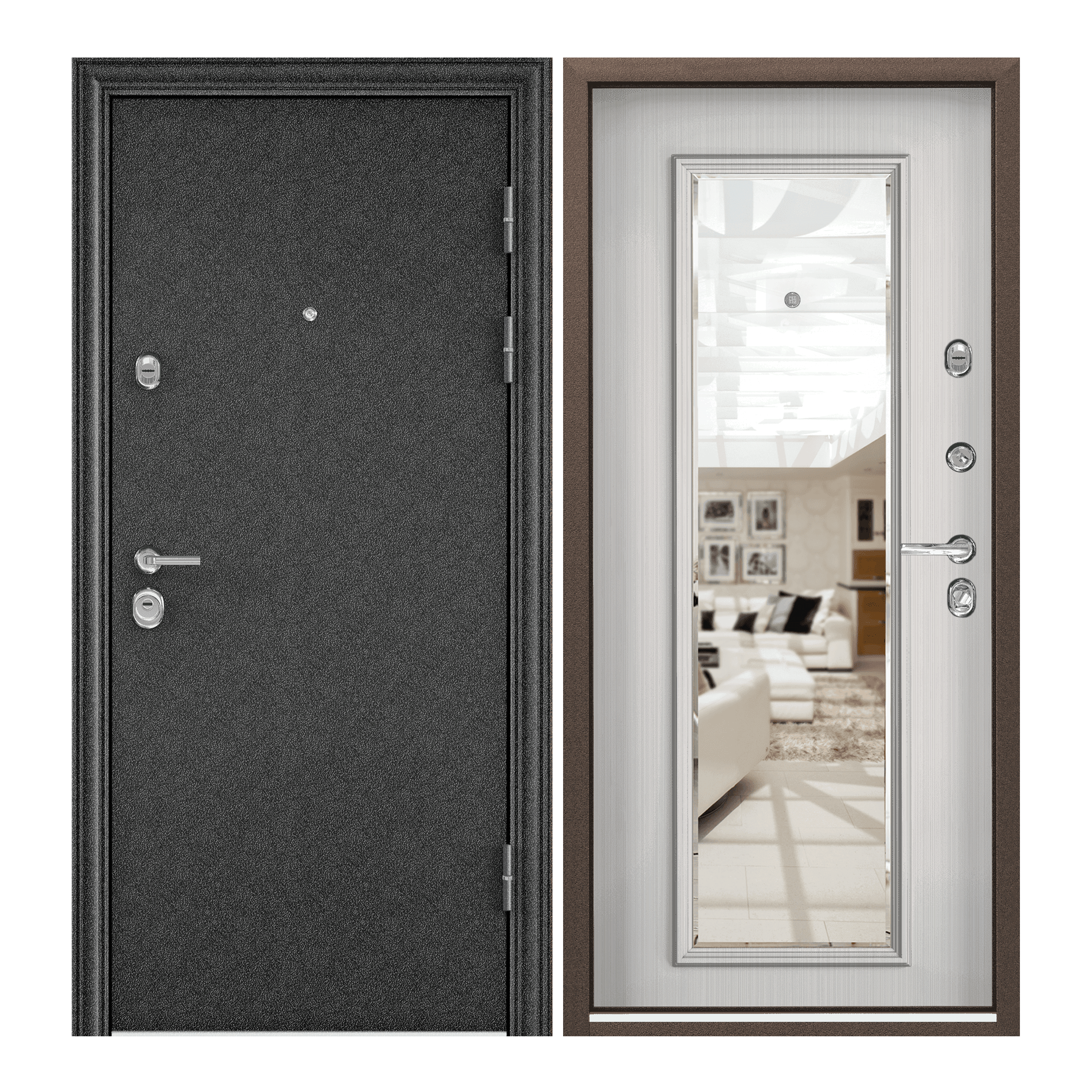 Изображение товара Входная дверь Torex Defender 210x100см правый цвет белый шамбори/черный шелк с зеркалом