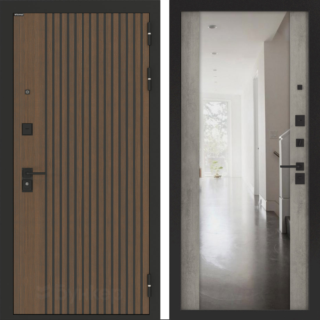 Изображение товара Входная дверь Бункер BN-02 205x88 см, правый, бетон светлый/ларче орех с зеркалом