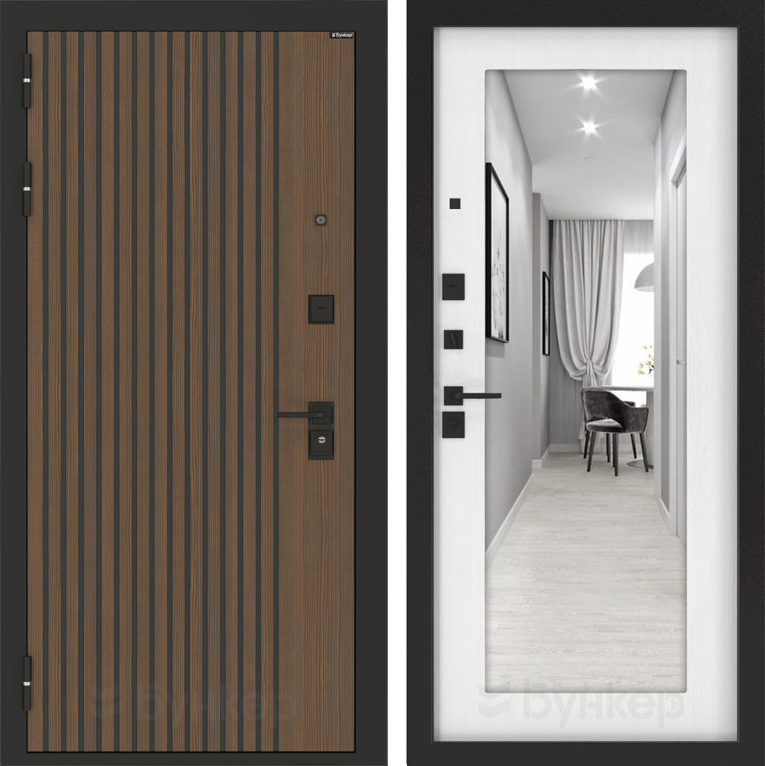 Изображение товара Входная дверь Бункер BN-02 205x96см левый цвет белое дерево/ларче орех с черной патиной с зеркалом