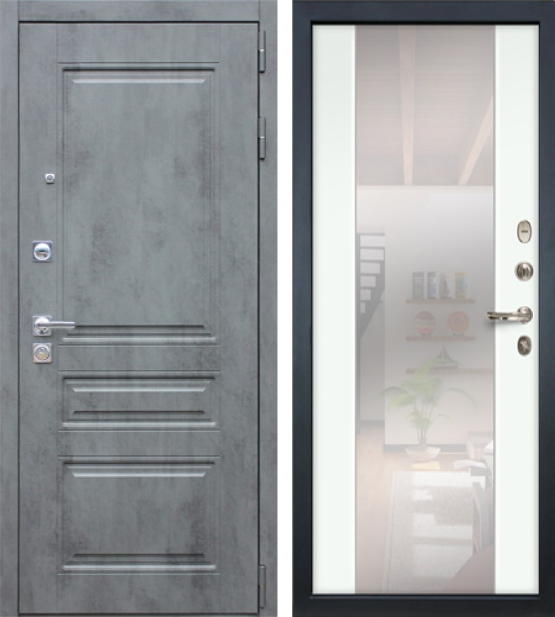 Изображение товара Входная дверь Lex Соната Классик №30 205x88 см правый цвет шагрень белая / бетон серый с зеркалом