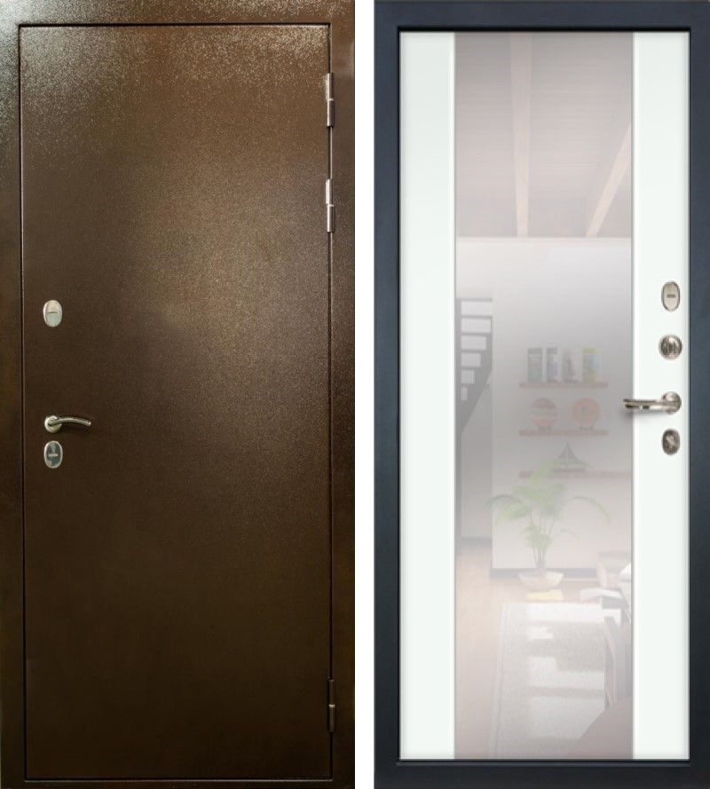 Изображение товара Входная дверь Lex Сибирь 205x88см правый цвет шагрень белая 61.1/антик медь с зеркалом