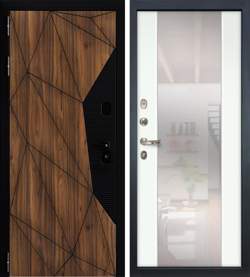 Изображение товара Входная дверь Lex Гранд Премьер 205x88см левый цвет шагрень белая 61.1/орех коньен-коньяк с зеркалом