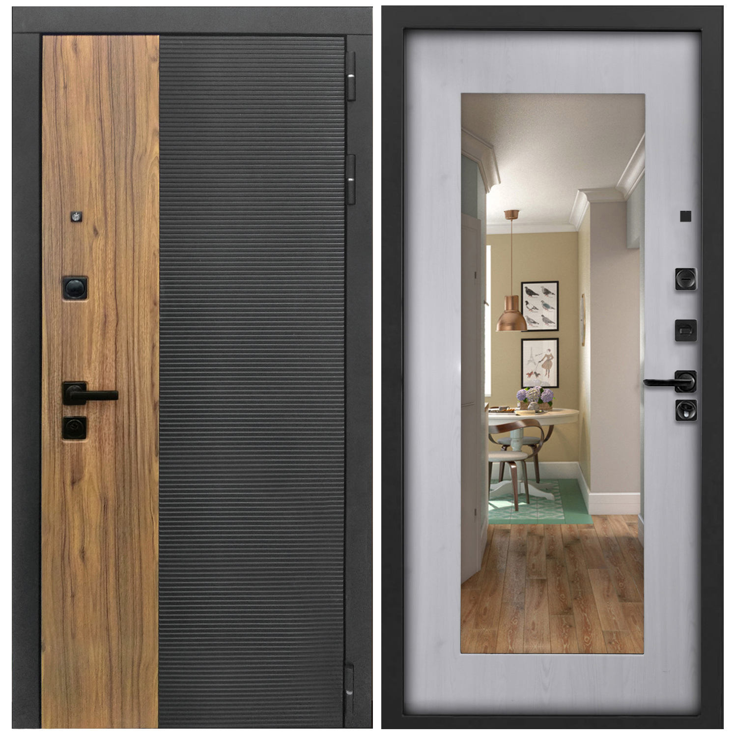 Изображение товара Входная дверь Дверипро L-46 205x86см правый цвет сосна прованс/черный кварц и орех с зеркалом