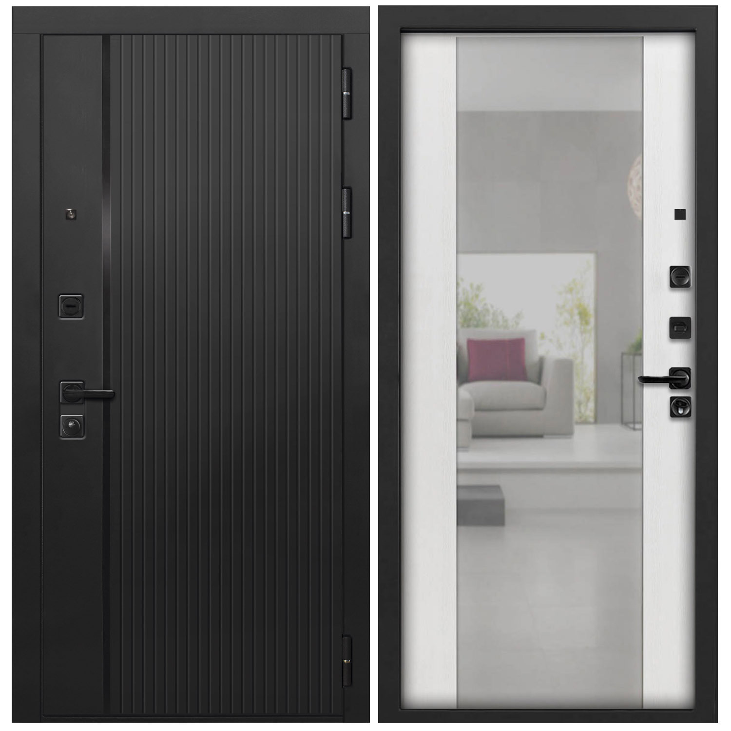 Изображение товара Входная дверь Дверипро L-45 205x96см левый цвет ясень белый/черный кварц с зеркалом