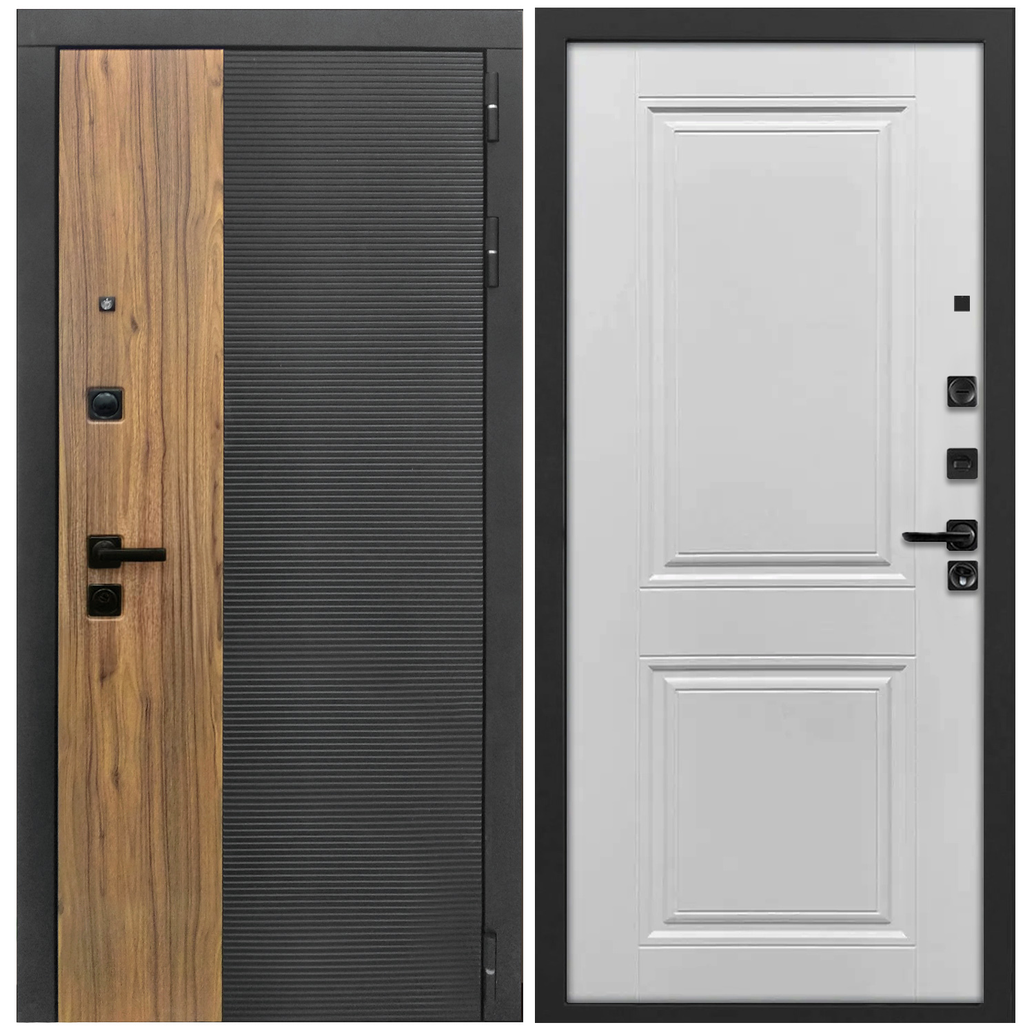 Изображение товара Входная дверь Дверипро L-46 правый 205x96см цвет черный кварц и орех/белый матовый