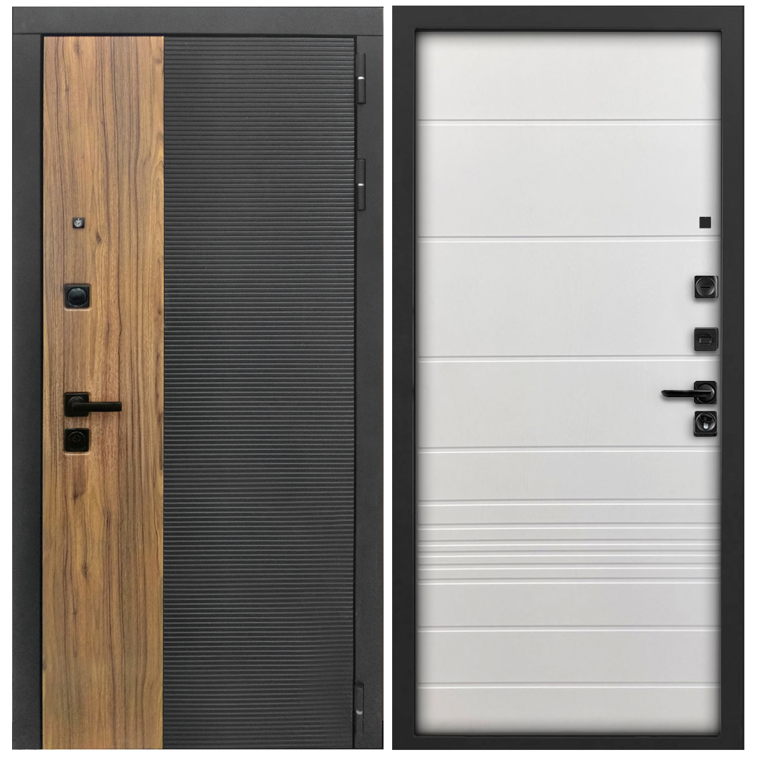 Изображение товара Входная дверь Дверипро L-46 правый 205x96см цвет черный кварц и орех/черный ФЛ-700 ясень белый