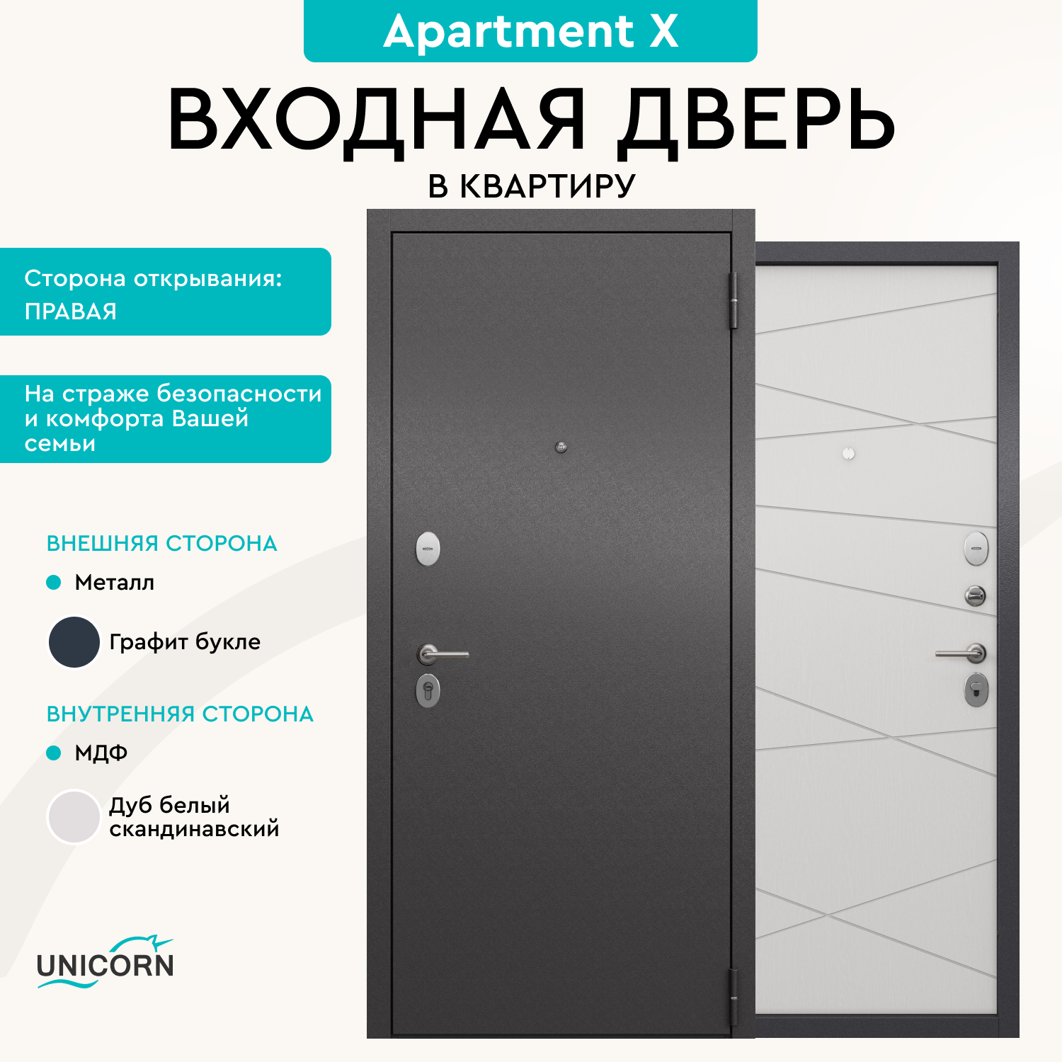 Изображение товара Входная дверь Unicorn Apartment X правый 205x96см графит букле/дуб белый скандинавский Изображение товара Входная дверь Unicorn Apartment X правый 205x96см графит букле/дуб белый скандинавский