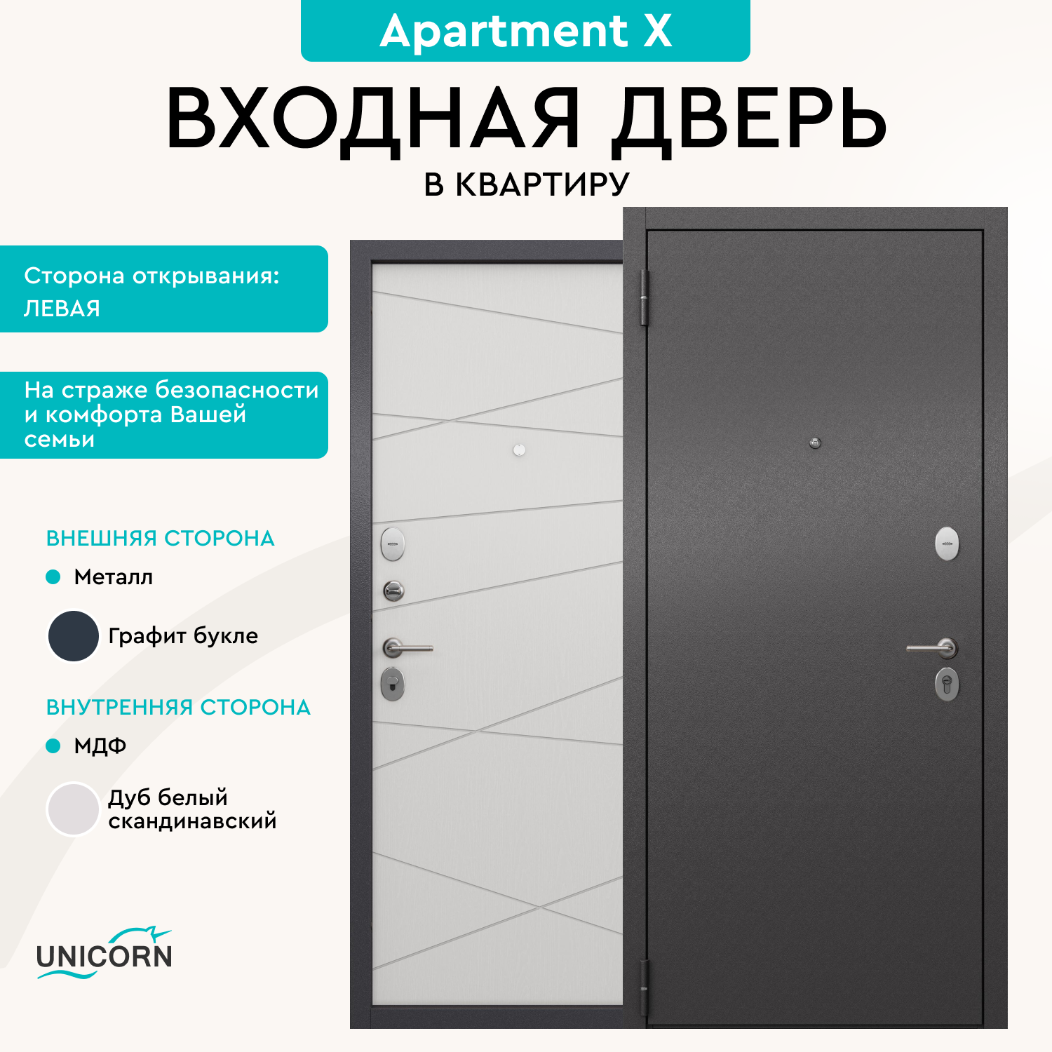 Изображение товара Входная дверь Unicorn Apartment X левый 205x96см графит букле/дуб белый скандинавский