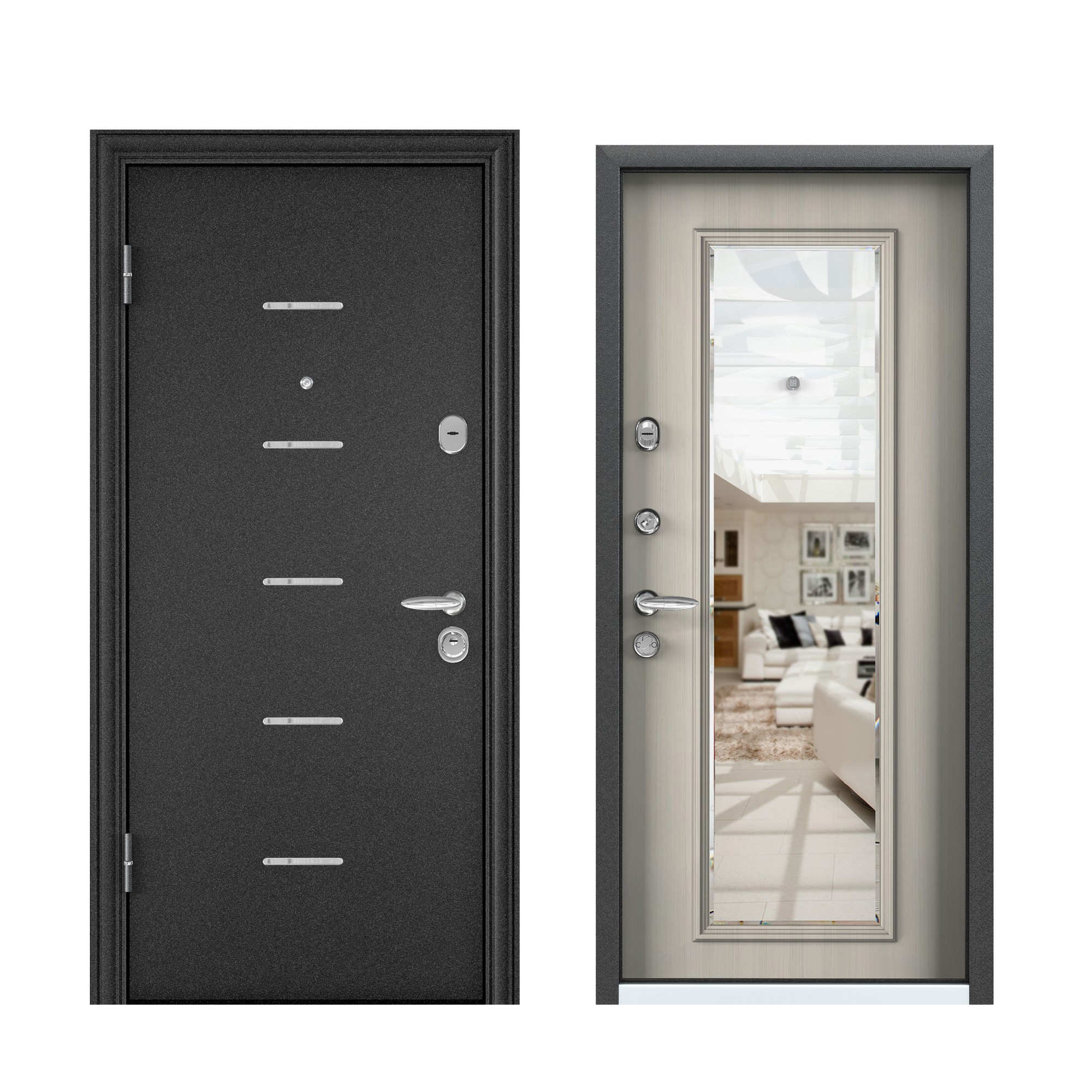 Изображение товара Входная дверь TOREX Super Omega–10 с зеркалом, левый монтаж, Белый перламутр