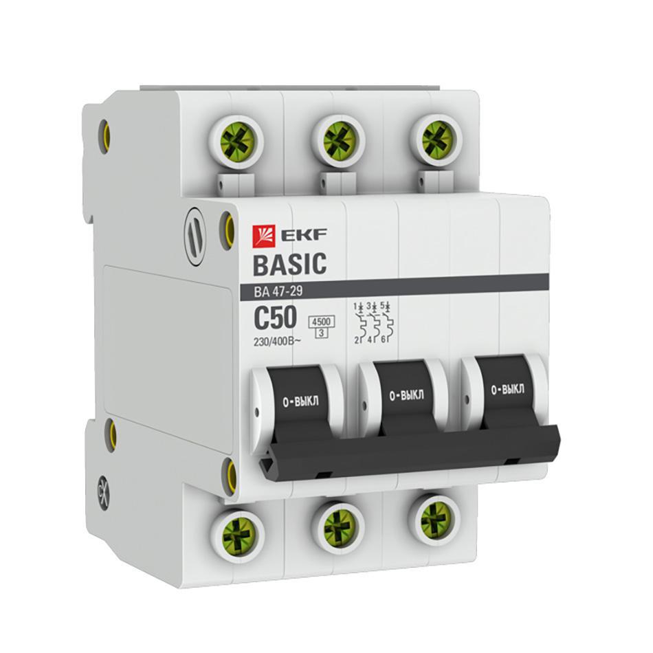 Изображение товара Выключатель автоматический EKF Basic mcb4729-3-50C 3Р 230В 50А