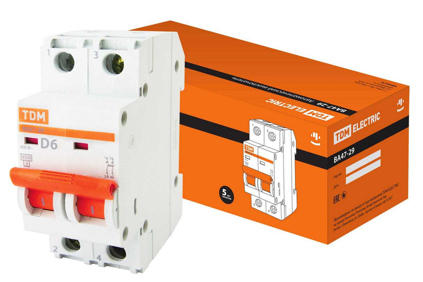 Изображение товара Автоматический выключатель Tdm Electric ВА47-29 2P D6 А 4.5 кА SQ0206-0153