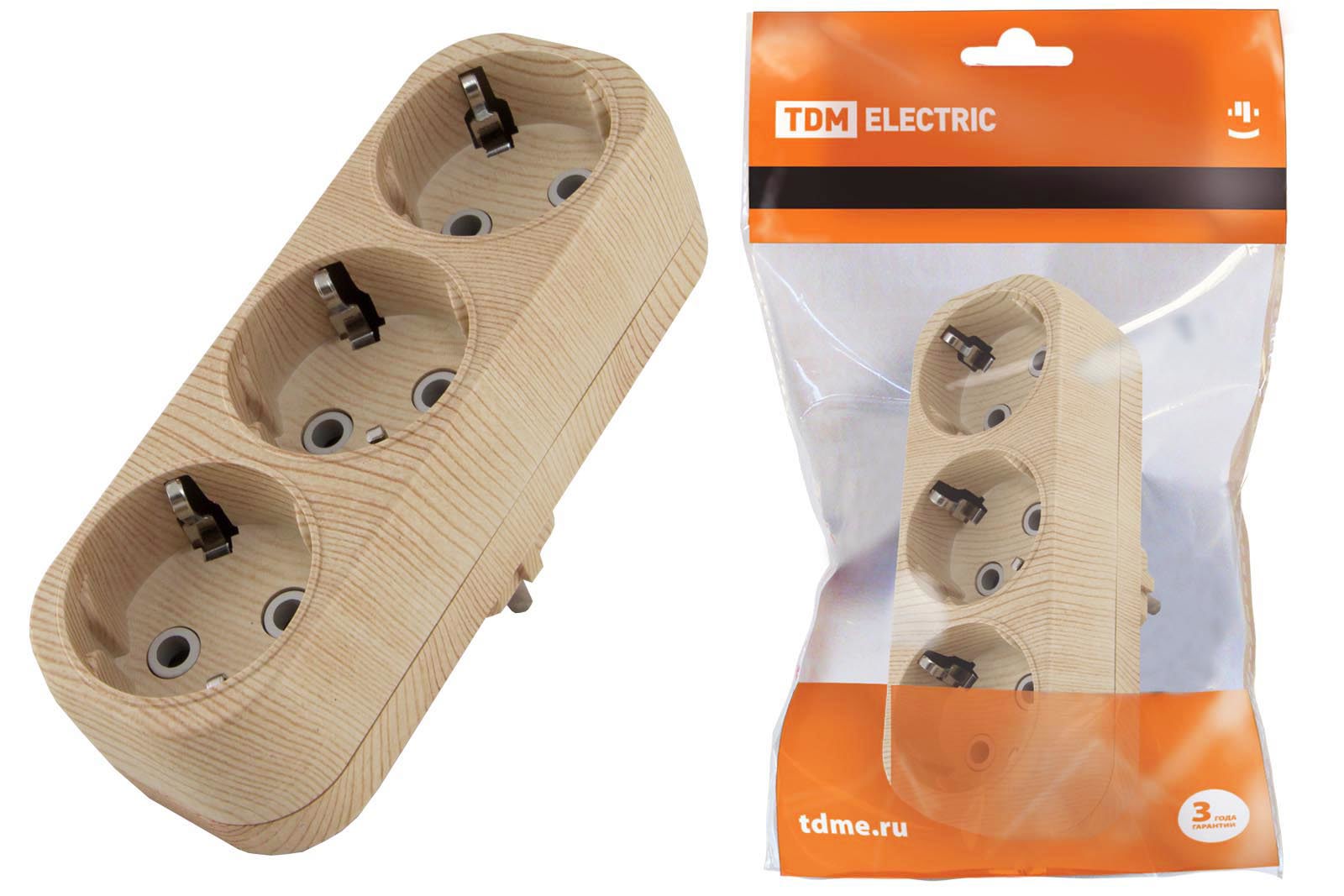 Изображение товара Разветвитель TDM Electric SQ1806-0076 3 розетки с заземлением 16 А цвет сосна