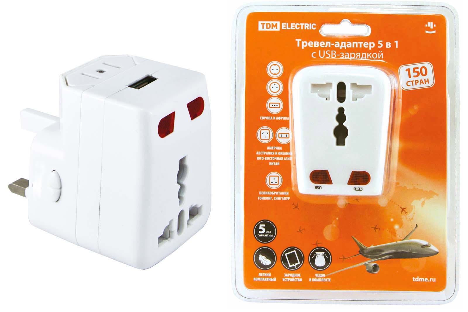 Изображение товара Тревел-адаптер Tdm Electric 100-250В 3A 5 в 1 c USB-зарядкой 1000 мА белый