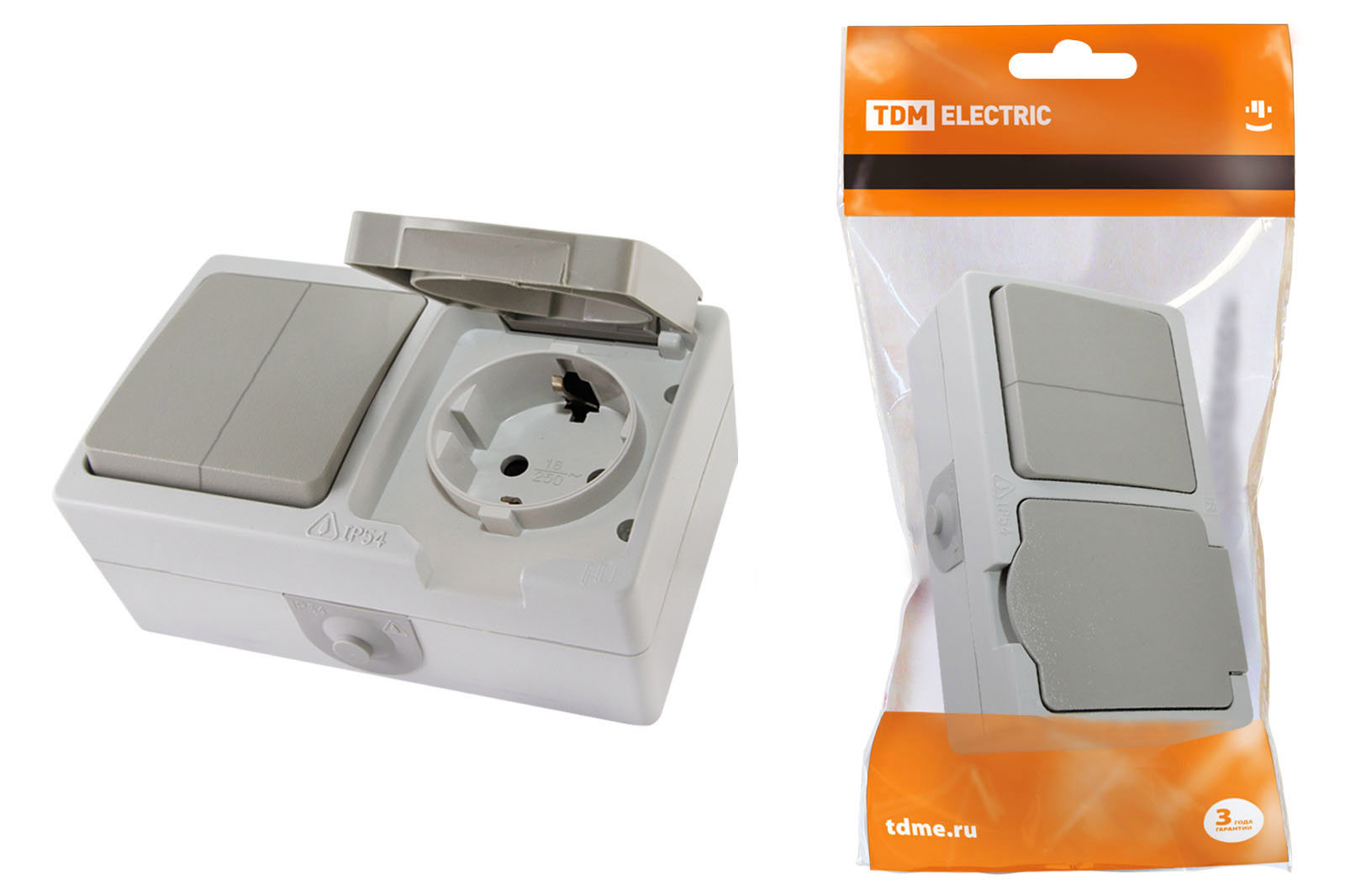 Изображение товара Блок горизонтальный розетка и выключатель 2 клавиши накладной TDM Electric Вуокса с заземлением, цвет серый