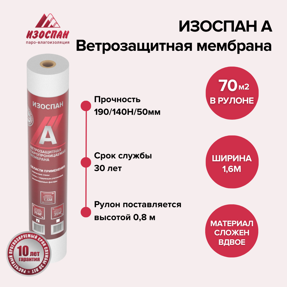 Изображение товара Ветрозащита Изоспан A 70 м² водоупорная паропроницаемая для стен и кровли Изображение товара Ветрозащита Изоспан A 70 м² водоупорная паропроницаемая для стен и кровли