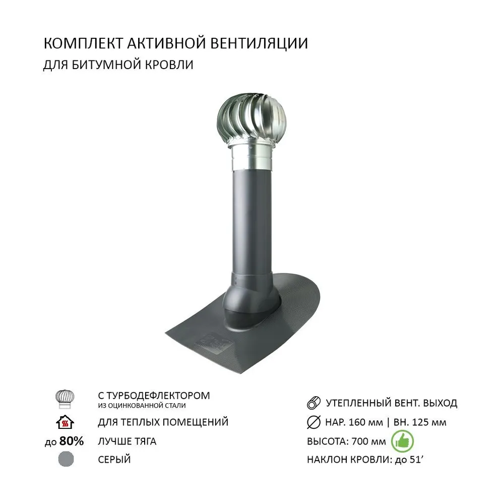 Изображение товара Турбодефлектор Polivent TD160 ОЦ утепленный Н700 для битумной кровли цвет серый
