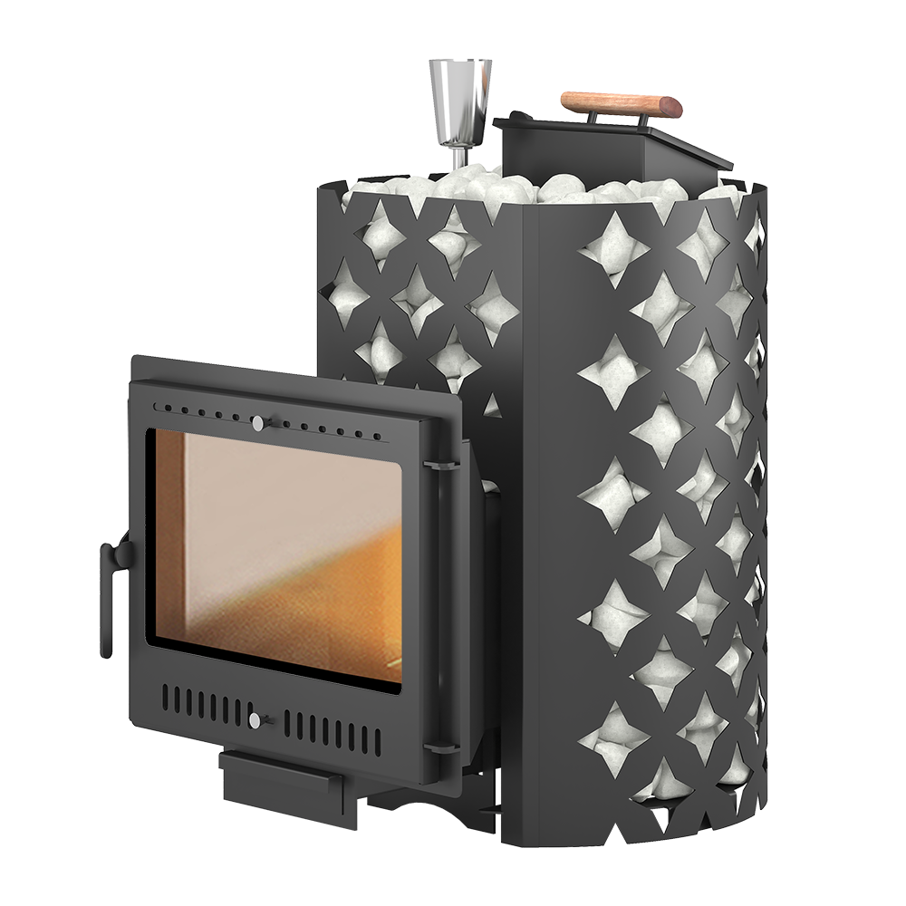 Изображение товара Чугунная печь для бани ЭТНА 18 Панорама М с закрытой каменкой и парогенератором