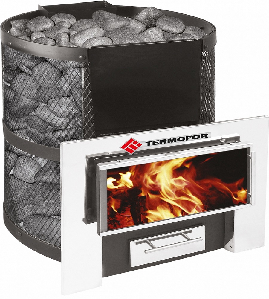 Изображение товара Печь банная дровяная Термофор Кольчуга 18 м³ с парогенератором и панорамной дверцей