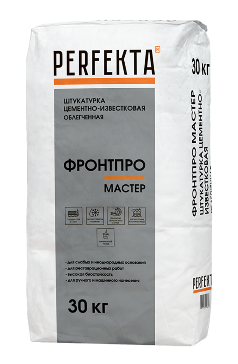 Изображение товара Штукатурка цементно-известковая облегченная Perfekta Фронтпро Мастер 30кг Изображение товара Штукатурка цементно-известковая облегченная Perfekta Фронтпро Мастер 30кг