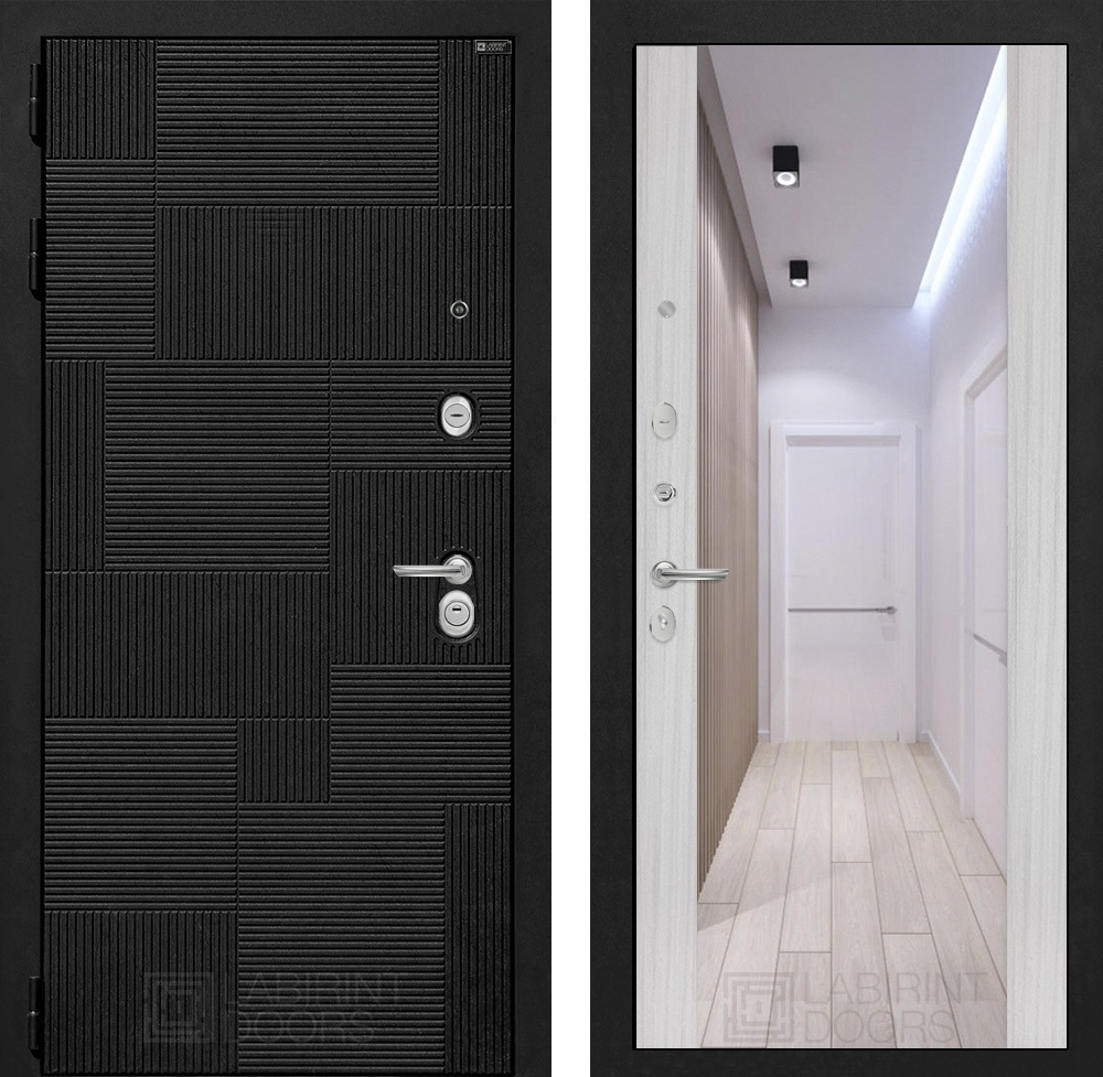 Изображение товара Входная дверь Лабиринт Пазл 205x88 Левый Сандал Белый / Лофт Черный с зеркалом