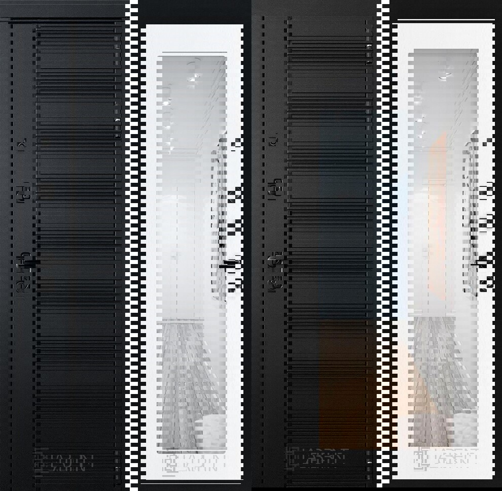 Изображение товара Входная дверь Лабиринт Пиано 205x88см правый цвет белое дерево/черный кварц с зеркалом П18