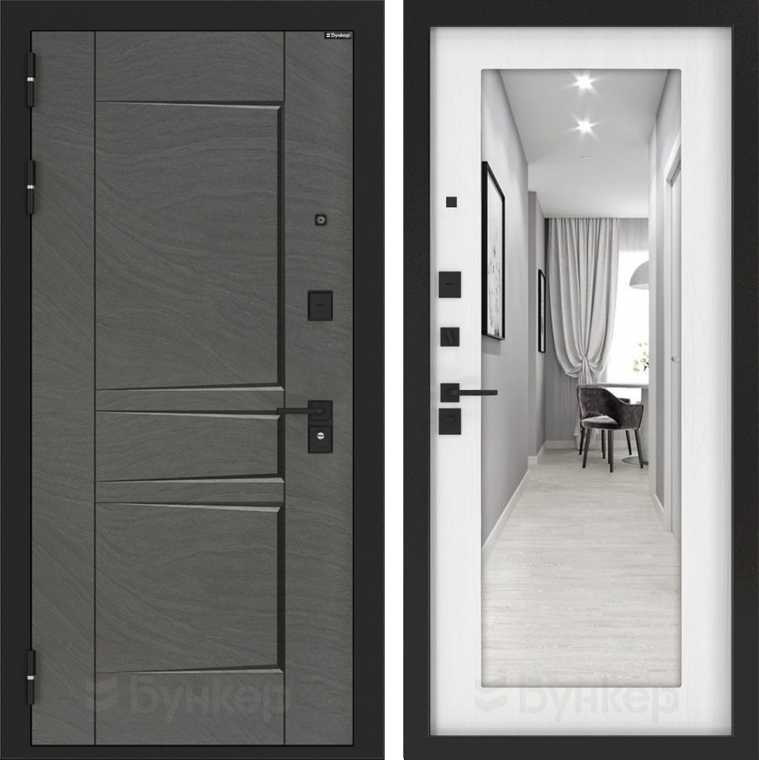 Изображение товара Входная дверь Бункер BN-04 205x88см левый цвет белое дерево/дюна муссон с черной патиной с зеркалом