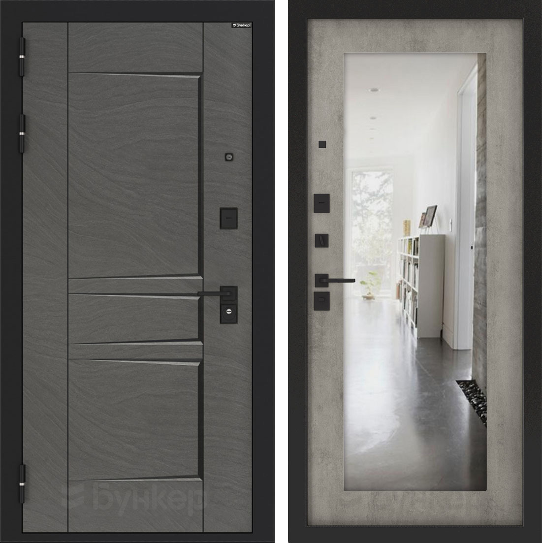 Изображение товара Входная дверь Бункер BN-04 205x88см левый цвет бетон серый (светлый)/дюна муссон с черной патиной с зеркалом