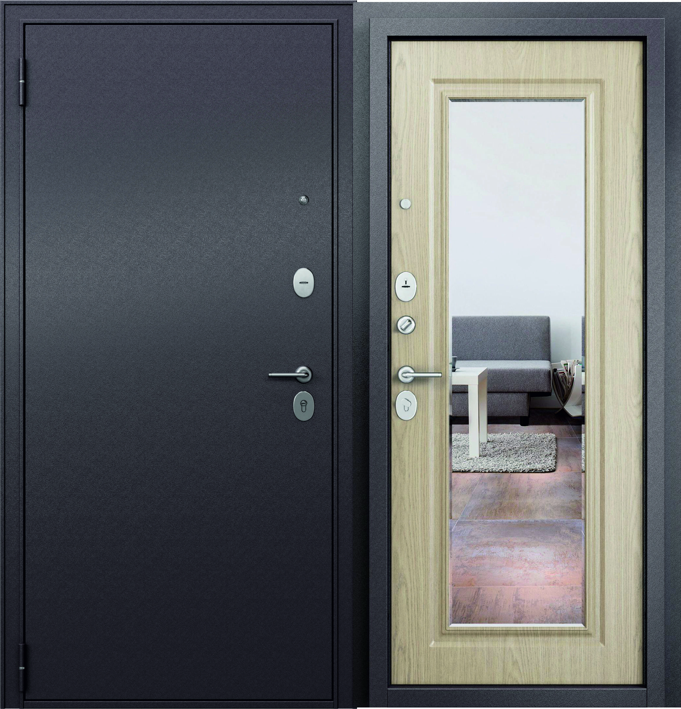 Изображение товара Входная дверь Мастино Family Eco MP 205x86см левый цвет дуб выбеленный/шоколад букле с зеркалом