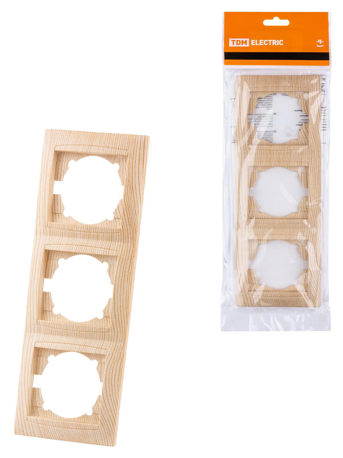 Изображение товара Рамка для розеток и выключателей Лама 3 поста вертикальная, сосна