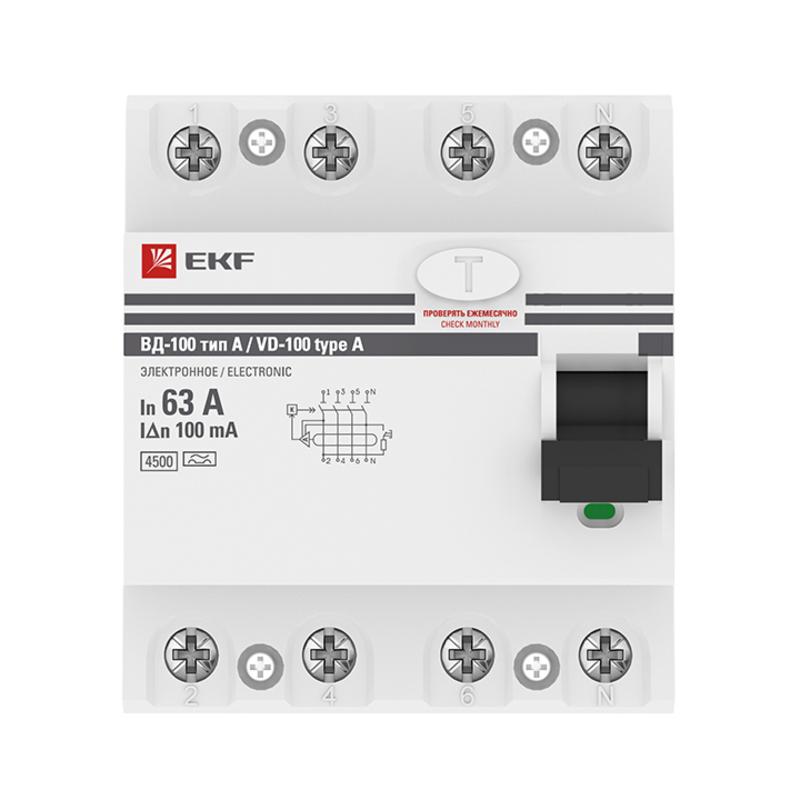Изображение товара УЗО EKF PROxima ВД-100 4P 63 A 100 мА 4.5 кА AC elcb-4-63-100-e-a-pro