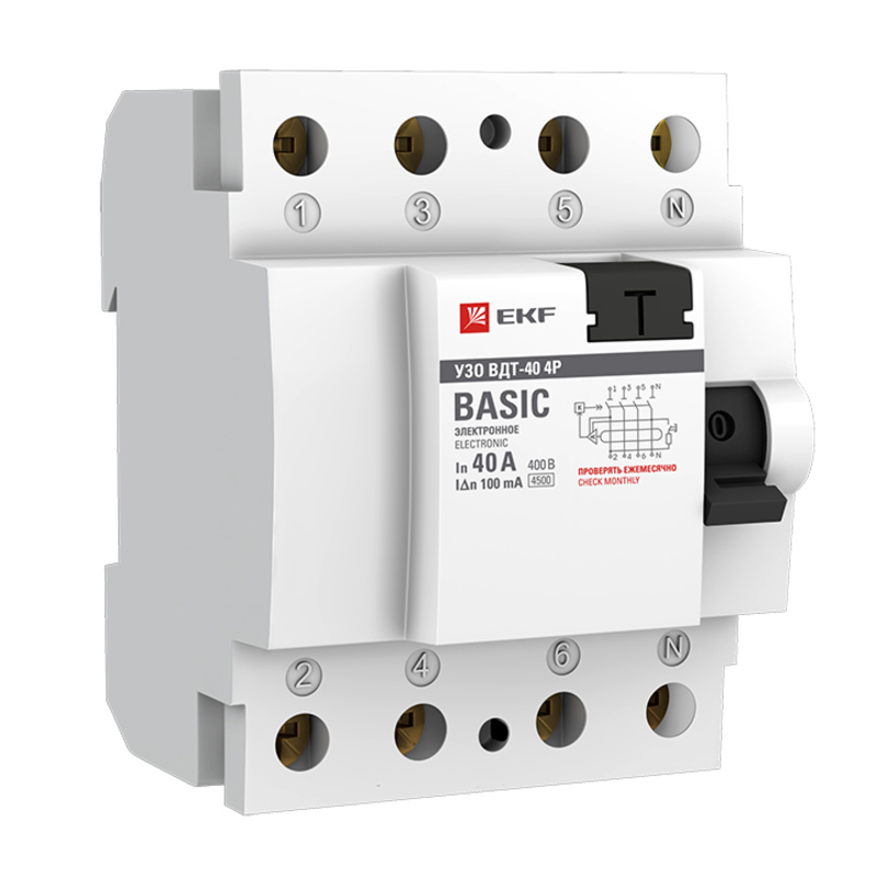 Изображение товара УЗО EKF Basic ВДТ-40 4P 40 A 100 мА 4.5 кА AC elcb-4-40-100e-sim
