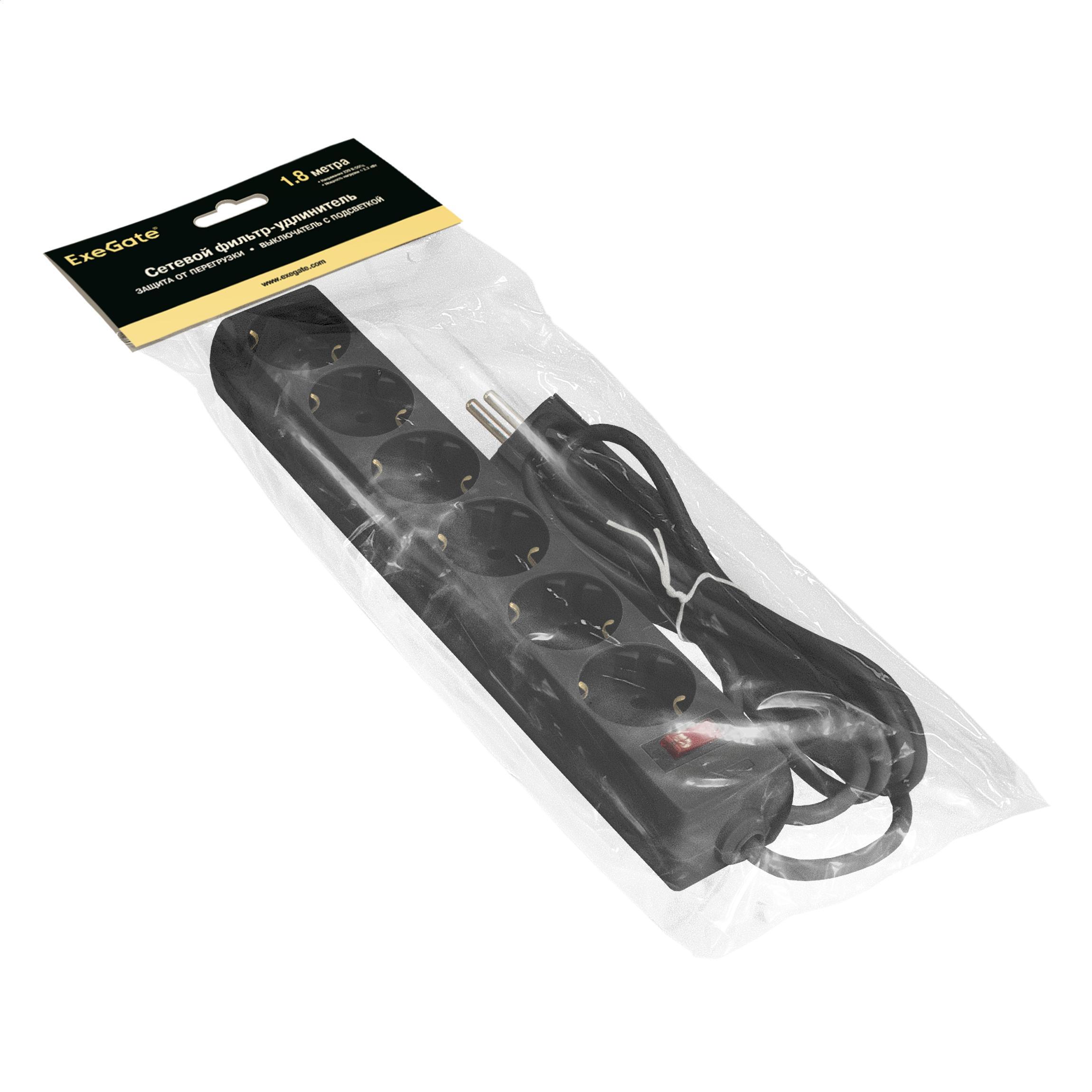 Изображение товара Сетевой фильтр Exegate 119391 6 розеток заземление 2200Вт черный