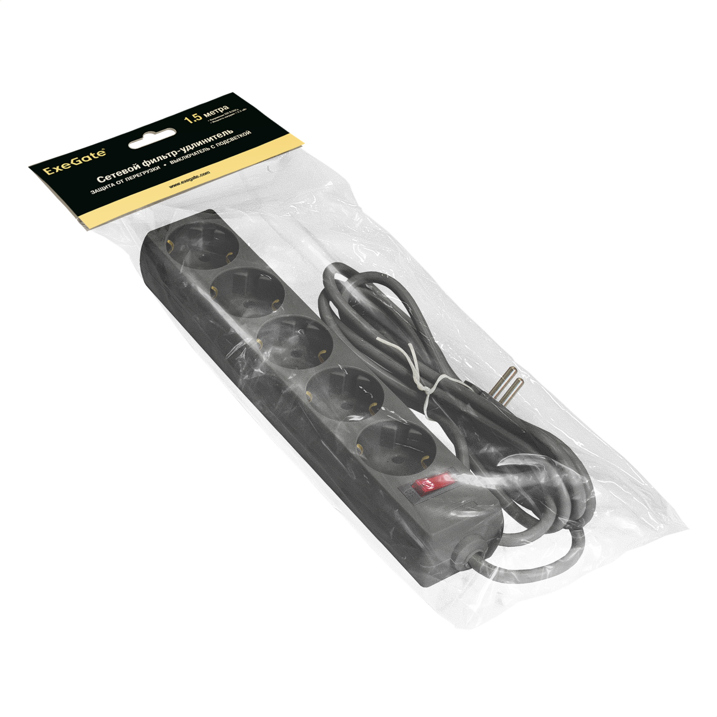 Изображение товара Сетевой фильтр с заземлением Exegate 266859 5 розеток выключатель с подсветкой 1.5 м
